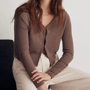 Madewell Ribbed Cropped Cardigan, Brown, XS